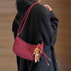 여성용 나무 키링 스티치 가죽 투웨이 숄더백 스트랩