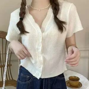 여자 여름 반팔 블라우스 여성 브이넥 브라우스 white