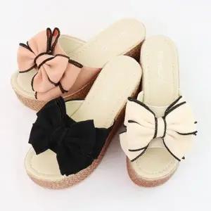 리본 통굽 슬리퍼 라탄 밀짚 왕골 여름 샌들 웨지힐