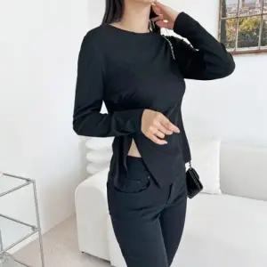 GSS ET602 여자 언밸런스 골지 셔링 블랙 티셔츠