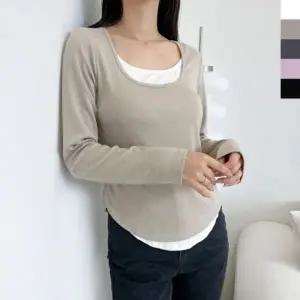 GSS ET603 여자 배색 레이어드 스퀘어넥긴팔티셔츠