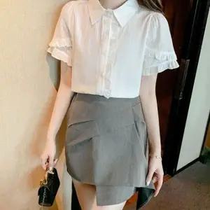 화이트 프릴 이중소매 여성 반팔 블라우스 여름 코튼