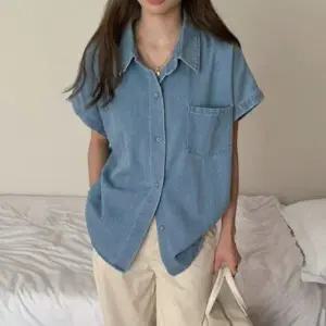 여성 포켓 데님 카라 셔츠 1P 여름 청남방 넓은 소매