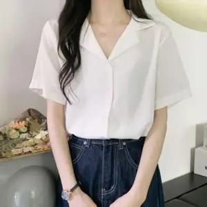 심플 여성 반팔 블라우스 여자 카라넥 반팔 셔츠 남방