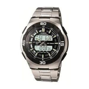 카시오 AQ-164WD-1A 듀얼타임 남성 아나디지 메탈 손목 시계
