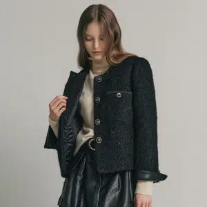 [MAXZA] 글리터링 레더배색 퀼팅안감 트위드 울 자켓