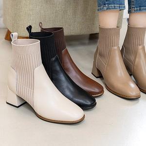 [더힐][더힐슈즈] 가죽 니트 삭스스판 여자여성 앵글 앵클 미들부츠 5.5cm sy8001