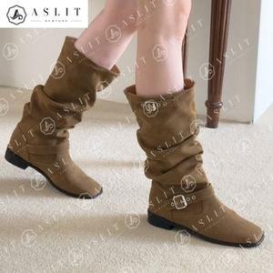 [기타][애슬릿] 스웨이드 사각 코 슬라우치 셔링 롱 부츠