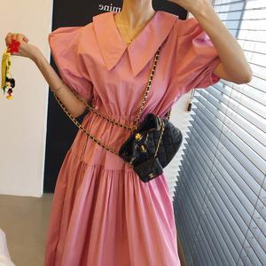 로렌 브이넥 카라 허리줄임끈 벌룬 퍼프 바스락 A라인 롱 반팔 원피스 (3color)