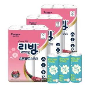 리빙 크리미 소프트 피오니 부케향 화장지 3겹 25m 30롤 3팩+순수한약속 키친타올 65매 3롤