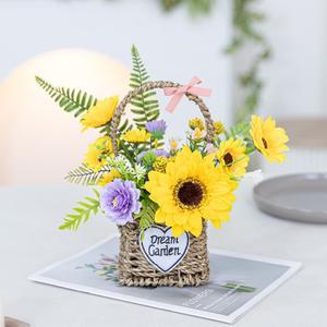 해바라기 조화 바구니 안개 플라워 set 23cm 인테리어 꽃 테이블 장식 소품 금전화 풍수 행사 개업