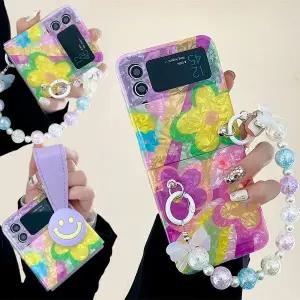 사찌몰 갤럭시z플립 5 4 3 스마일 자개 플라워 스트랩 케이스