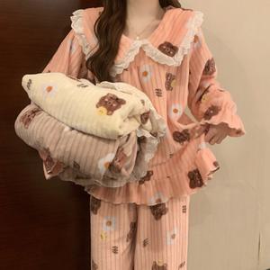 032 레이스 카라 골지 수면 잠옷 세트 홈웨어 수면잠옷세트 홈웨어 극세사 수면바지 여성잠옷 파자마 겨