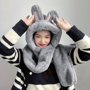 그레이 후드 머플러 일체형 장갑목도리 큐트레빗