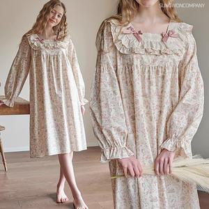 이너퀸 프리수 여성용 빅사이즈 앤틱 플라워 패턴 펀칭 레이스 리본 프릴 셔링 스퀘어넥 긴팔 잠옷 홈웨어 이지웨어 라운지웨어 원피스 앤틱패턴원피스