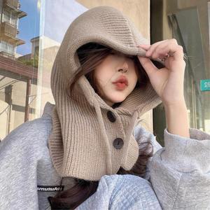 여성 후드끈 단추 오버핏 니트 바라클라바 겨울모자 패션 코디