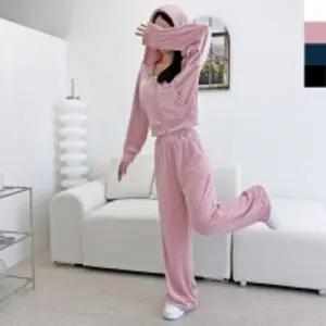 GQQ ST113 여자 벨벳 후드 크롭 집업 와이드 세트트레이닝셋트 트레이닝복셋