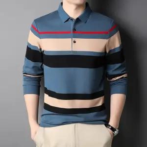 남자 긴팔티 카라넥 티 가을 순면데일리 중년 긴팔 셔츠 스트라이프 터틀넥 폴라 힛템