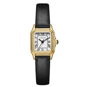 치타 여성용 가죽 스트랩 시계, 작은 빈티지 직사각형 케이스, 로만 다이얼