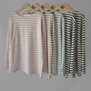 제임스 스트라이프 단가라 라운드 박스핏 코튼면 기본여성긴팔기본티 (5color)