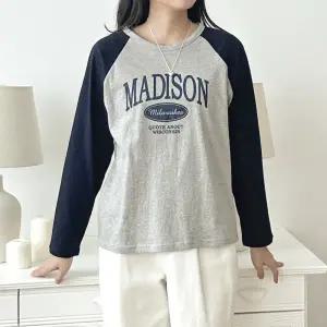 [문에이블]문에이블 여자 라운드넥 배색 나그랑 데일리룩 레이어드티 가을 긴팔 여성 티셔츠