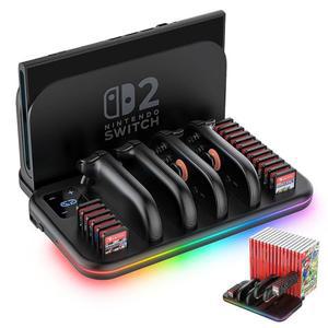 닌텐도 스위치 2 조이콘용 충전 도크, 조이콘 컨트롤러용 RGB 도킹 스테이션, 18개의 게임 카드 슬롯이 있는 스위치 2 액세서리