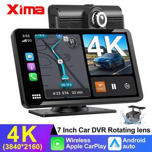 XIMA 7인치 블랙박스 4K 차량용 DVR 무선 카플레이 안드 오토 GPS 네비게이션 비디오 대시보드 듀얼 후방 카메라