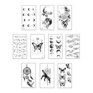 흑백 미니 타투스티커 10종세트 꽃 나비 고래 달 패션