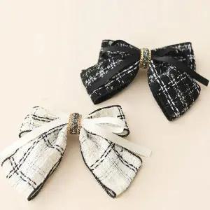 [콩심팥심]여성 블랙 화이트 더블리본 트위드 헤어핀 큐빅머리핀