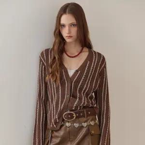 [MAXZA] 스트라이프 스티치 자수 리브 니트 가디건