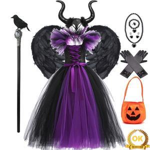 말레피센트 코스튬 어린이 소녀 할로윈 고딕 검정 반소매 공포 드레스 액세서리 세트