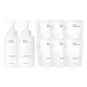 [생활공작소] 핸드워시 용기 500ml 2개+리필 400ml 6개 (파우더/청포도향 택 1)