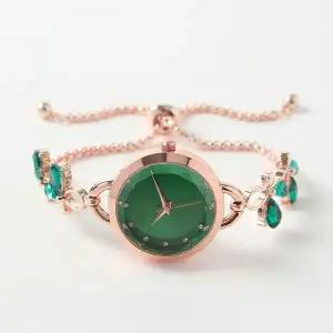 슬라이드 버클 여성 아날로그 손목시계 그린