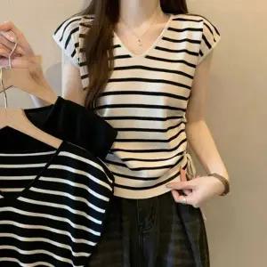 브이넥 깔끔한 스트라이프 패턴 민소매 캐주얼 캡소매