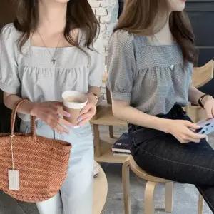 여성 스퀘어넥 셔링 포인트 체크 패턴 반팔 티셔츠