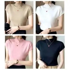 여름 시원한 편한 여성 반목 캡소매 반팔 니트 티셔츠