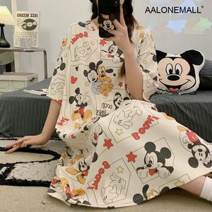 여름잠옷 여성원피스잠옷 AALONEMALL 반팔 카툰 프린팅 홈웨어 순면