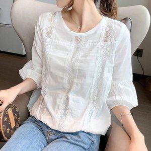 FAXY 데일로엔 여성 라운드넥 레이스 포인트 7부 블라우스