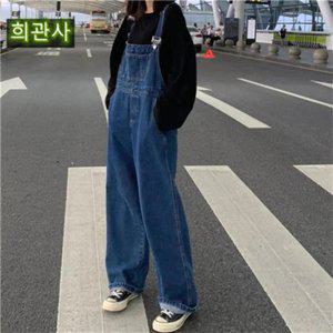 여성 와이드 통 루즈핏 오버롤 데님 청 멜빵바지