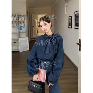 가을과 겨울 투피스 세트 활 레이스업 데님 셔츠 높은 허리 와이드 바지 여성 옷 티류