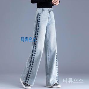 꽃자수 와이드 데님 팬츠 하이웨스트 꽃무늬 루즈핏 일자 청바지 캐주얼 데일리 코디