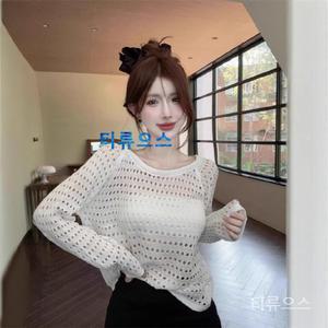 티류으스 여성 시스루 망사 티셔츠 블라우스 언밸런스 숏 레이스 상의 수술 긴팔 가디