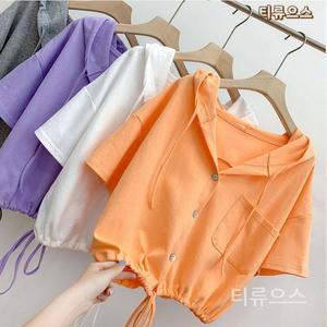 티류으스 여성용 반팔 후드티 케이프 크롭코트 여름 티셔츠 포켓 루즈핏 빅사이즈