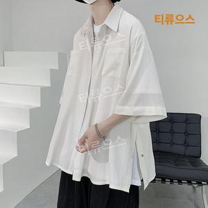 남자청남방 남성용 스 실크 플리츠 셔츠 사이드 슬릿 반팔 라펠 블라우스 루즈 티류으