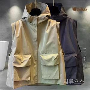 나일론 후드 조끼 베스트 집업 아노락 바람막이 남녀공용 얇은 민소매 오버핏 포켓 티