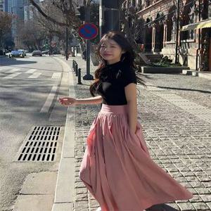 여성 핑크 하이웨스트 플리츠 스커트 A라인 캉캉스커트 핑크빛스커트 롱