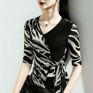 라인댄스 복장 라틴 줌바 댄스복 댄싱 상의 여자 지브라 망사 패치워크 모던 티셔츠