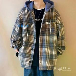 티류으스 빅사이즈  남자봄자켓 오버핏 체크 후드자켓 봄점퍼