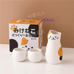 사케 고양이 도쿠리 세트 잔 술병 우드트레이 티류으스