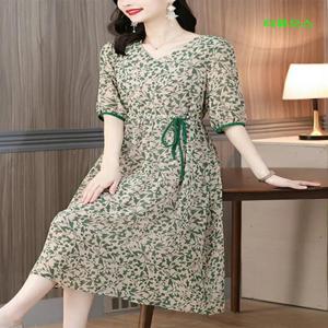 이탈리아 생사 슬림 원피스 프린트 슬리밍 5부 소매 원피스 여성  원피스 빅사이즈 티